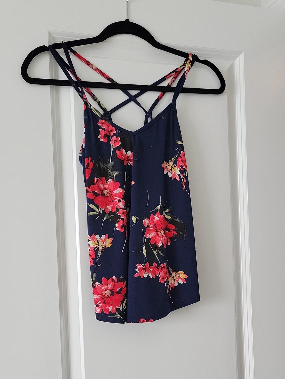 Papermoon Navy Floral Crisscross Strappy Cami with Red Blossoms